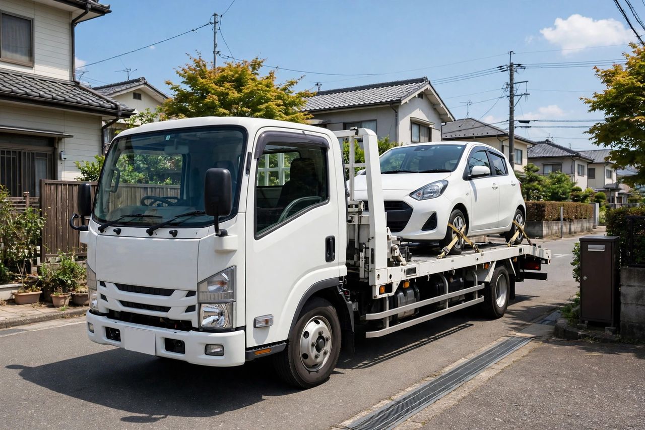 積載車に乗せた車を運ぶレッカー車のイメージ写真